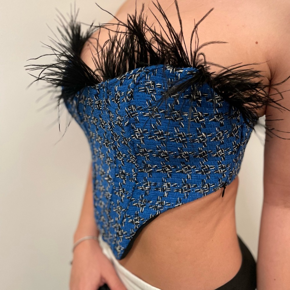 Elegant Blue Strapless Top with Feather Detail